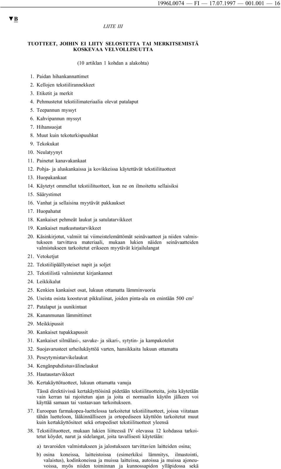 Tekokukat 10. Neulatyynyt 11. Painetut kanavakankaat 12. Pohja- ja aluskankaissa ja kovikkeissa käytettävät tekstiilituotteet 13. Huopakankaat 14.