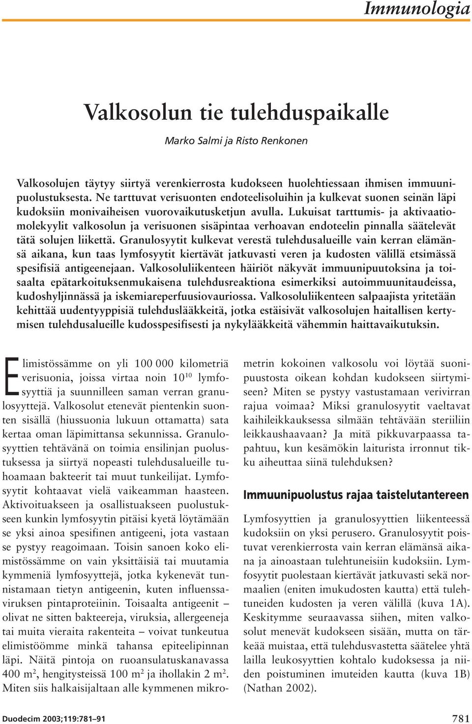 Lukuisat tarttumis- ja aktivaatiomolekyylit valkosolun ja verisuonen sisäpintaa verhoavan endoteelin pinnalla säätelevät tätä solujen liikettä.