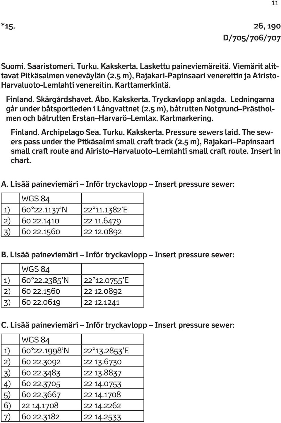 Ledningarna går under båtsportleden i Långvattnet (2.5 m), båtrutten Notgrund Prästholmen och båtrutten Erstan Harvarö Lemlax. Kartmarkering. Finland. Archipelago Sea. Turku. Kakskerta.