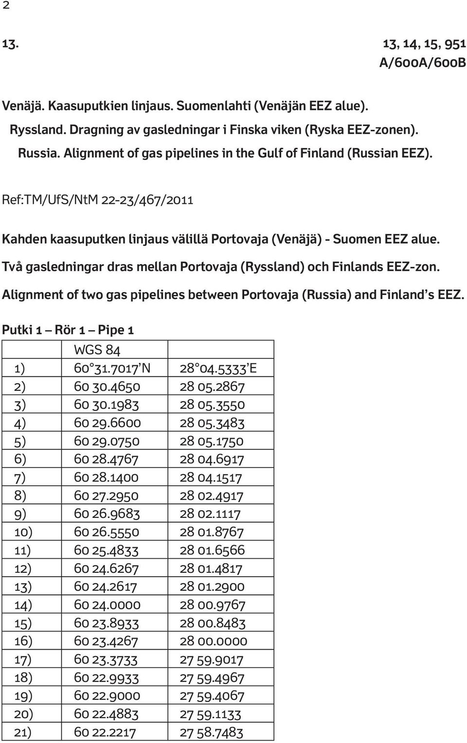 Två gasledningar dras mellan Portovaja (Ryssland) och Finlands EEZ-zon. Alignment of two gas pipelines between Portovaja (Russia) and Finland s EEZ. Putki 1 Rör 1 Pipe 1 WGS 84 1) 60 31.7017 N 28 04.