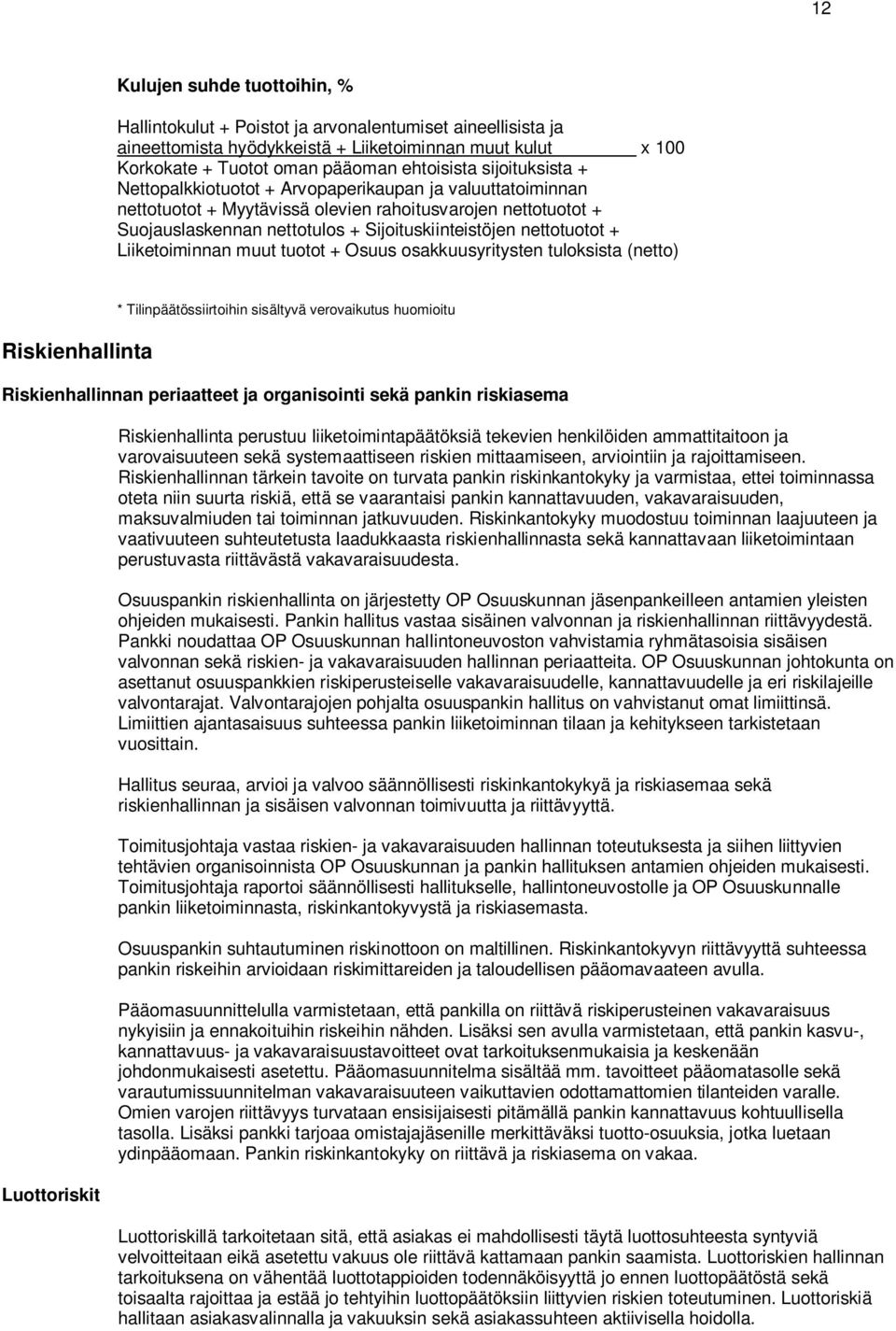 nettotuotot + Liiketoiminnan muut tuotot + Osuus osakkuusyritysten tuloksista (netto) Riskienhallinta * Tilinpäätössiirtoihin sisältyvä verovaikutus huomioitu Riskienhallinnan periaatteet ja