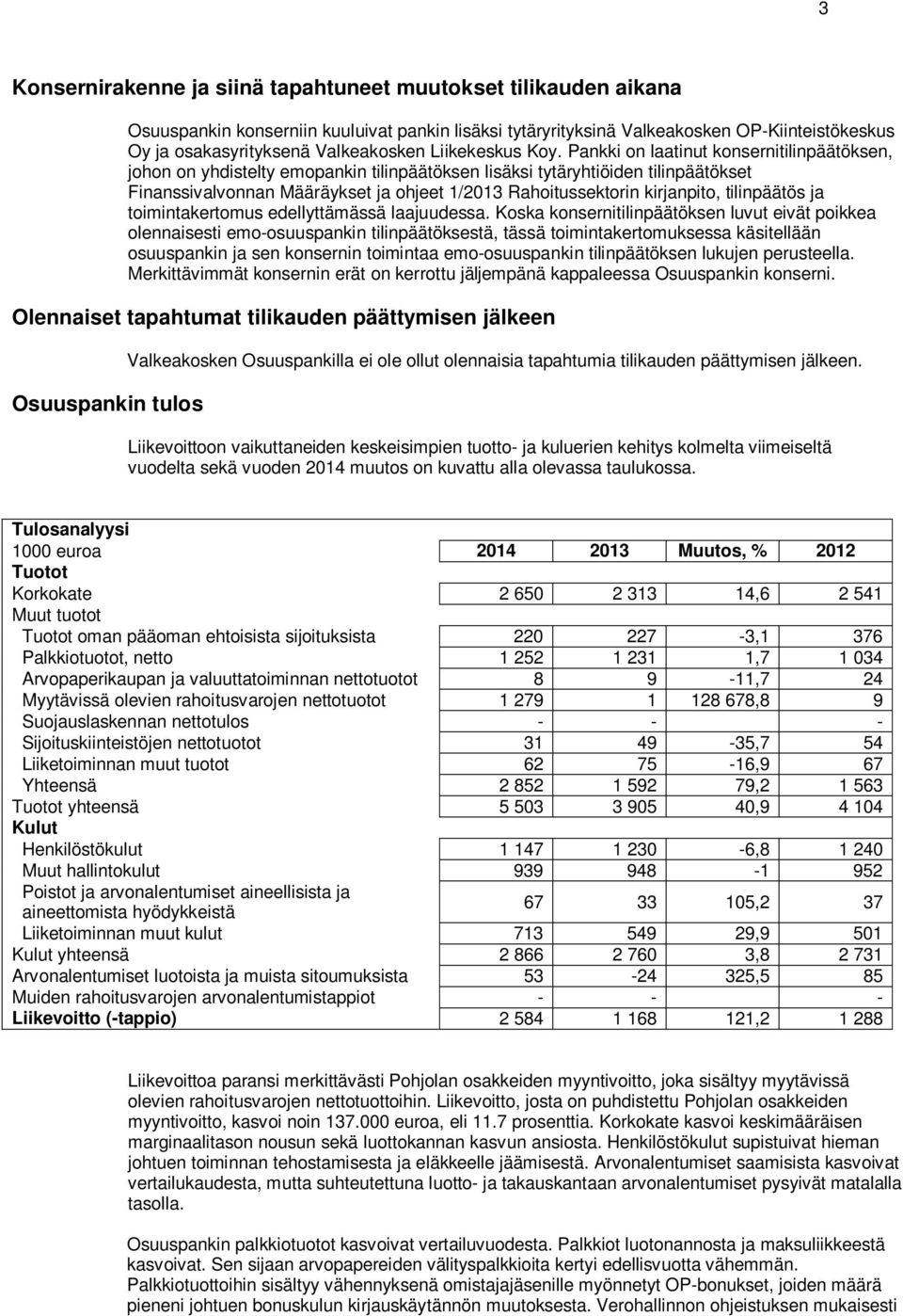 Pankki on laatinut konsernitilinpäätöksen, johon on yhdistelty emopankin tilinpäätöksen lisäksi tytäryhtiöiden tilinpäätökset Finanssivalvonnan Määräykset ja ohjeet 1/2013 Rahoitussektorin