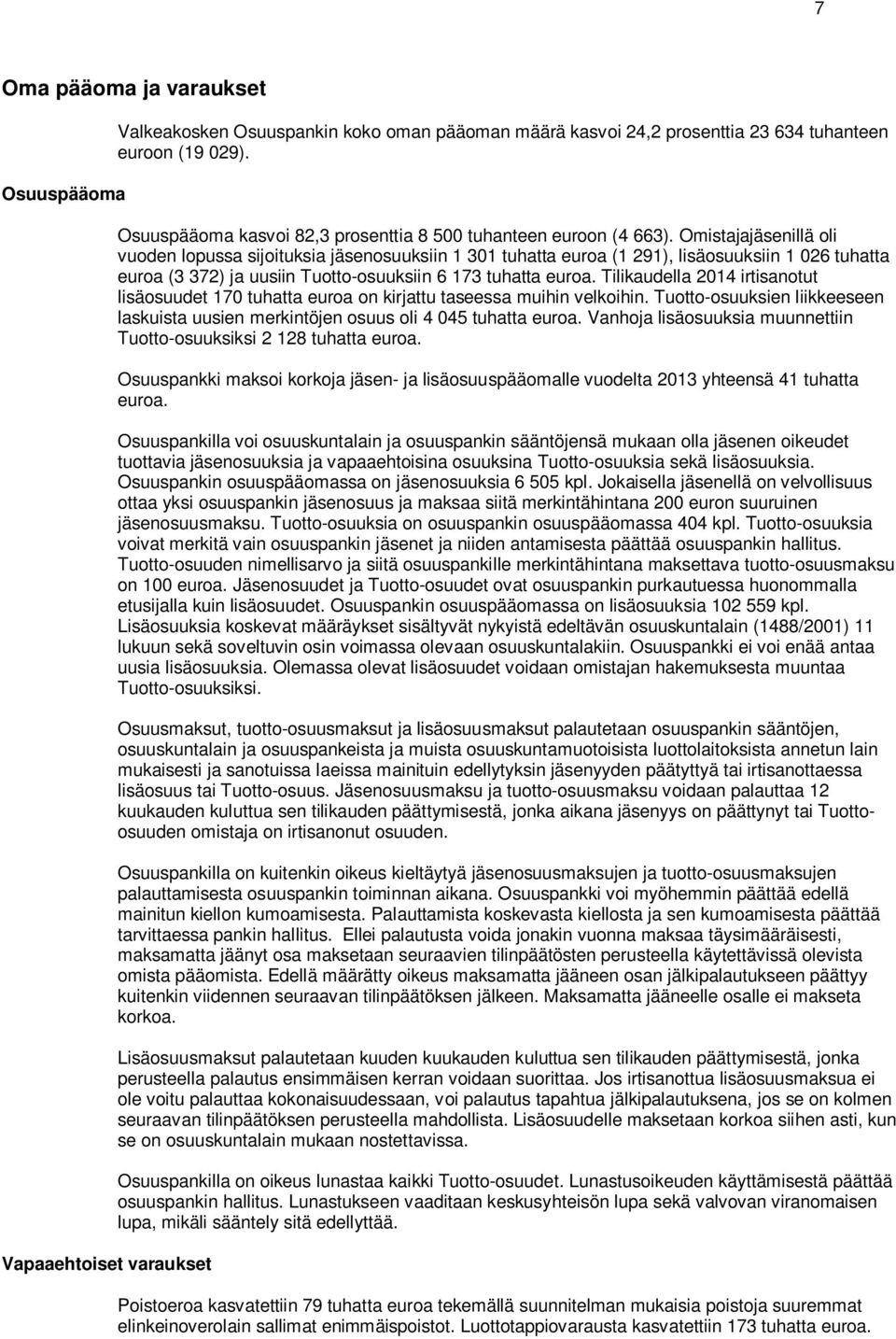 Omistajajäsenillä oli vuoden lopussa sijoituksia jäsenosuuksiin 1 301 tuhatta euroa (1 291), lisäosuuksiin 1 026 tuhatta euroa (3 372) ja uusiin Tuotto-osuuksiin 6 173 tuhatta euroa.