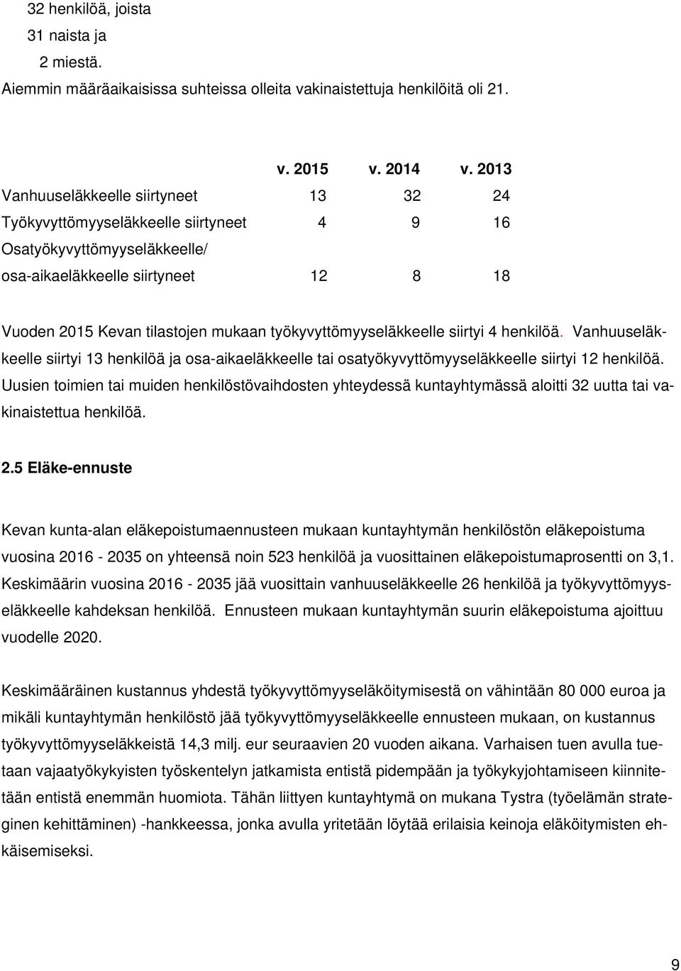 työkyvyttömyyseläkkeelle siirtyi 4 henkilöä. Vanhuuseläkkeelle siirtyi 13 henkilöä ja osa-aikaeläkkeelle tai osatyökyvyttömyyseläkkeelle siirtyi 12 henkilöä.