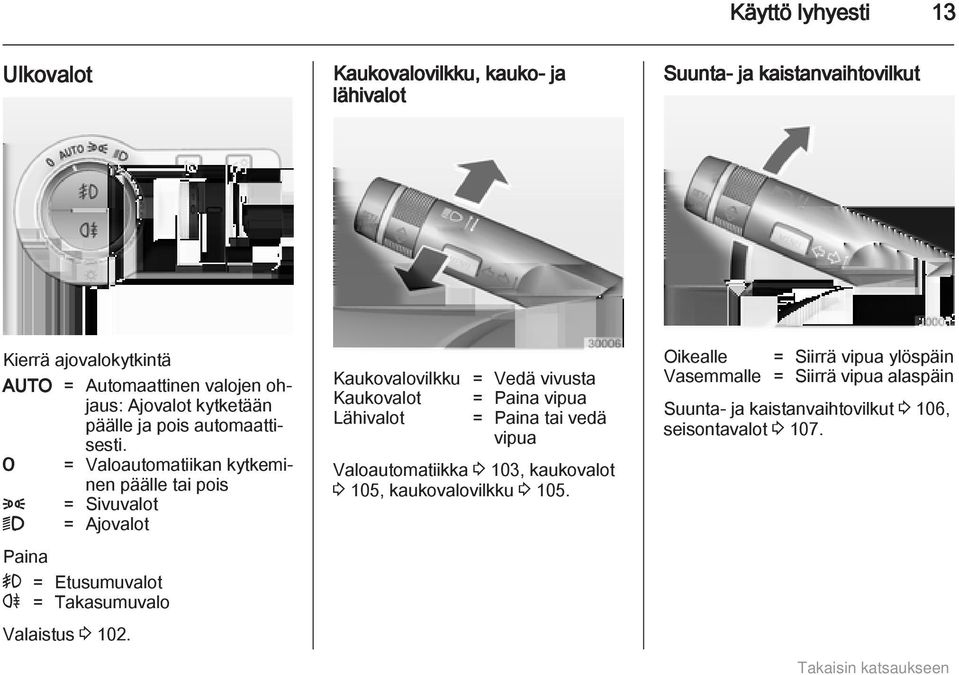 7 = Valoautomatiikan kytkeminen päälle tai pois 8 = Sivuvalot 9 = Ajovalot Paina > = Etusumuvalot r = Takasumuvalo Valaistus 3 102.