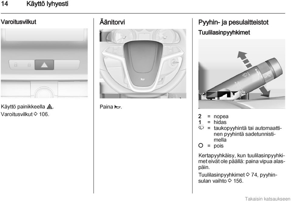 2 = nopea 1 = hidas P = taukopyyhintä tai automaattinen pyyhintä sadetunnistimella = pois