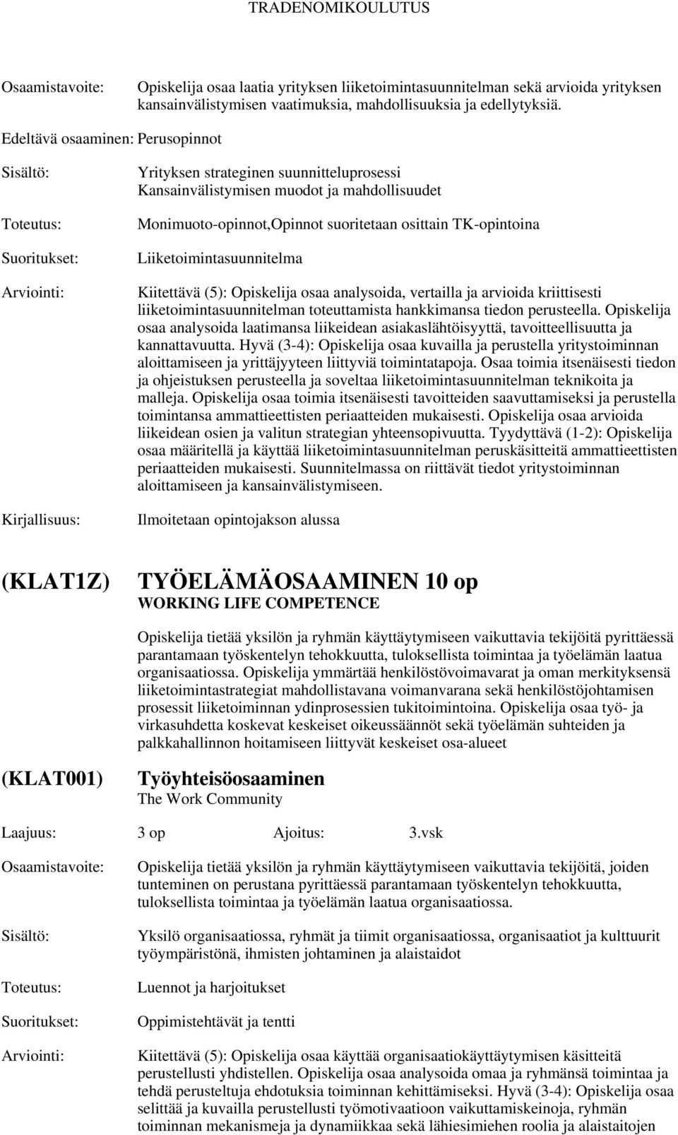 Liiketoimintasuunnitelma Kiitettävä (5): Opiskelija osaa analysoida, vertailla ja arvioida kriittisesti liiketoimintasuunnitelman toteuttamista hankkimansa tiedon perusteella.