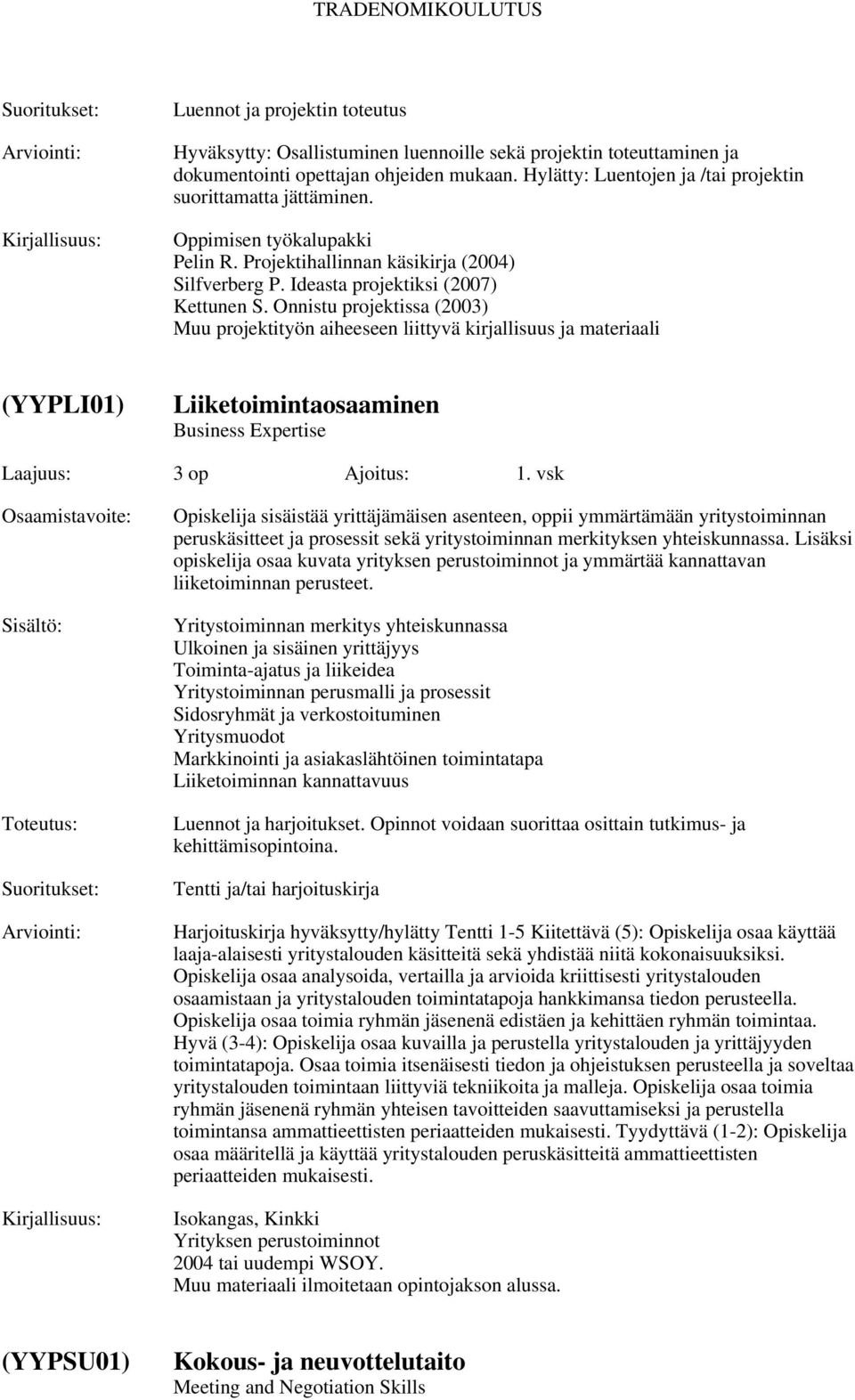 Onnistu projektissa (2003) Muu projektityön aiheeseen liittyvä kirjallisuus ja materiaali (YYPLI01) Liiketoimintaosaaminen Business Expertise Laajuus: 3 op Ajoitus: 1.