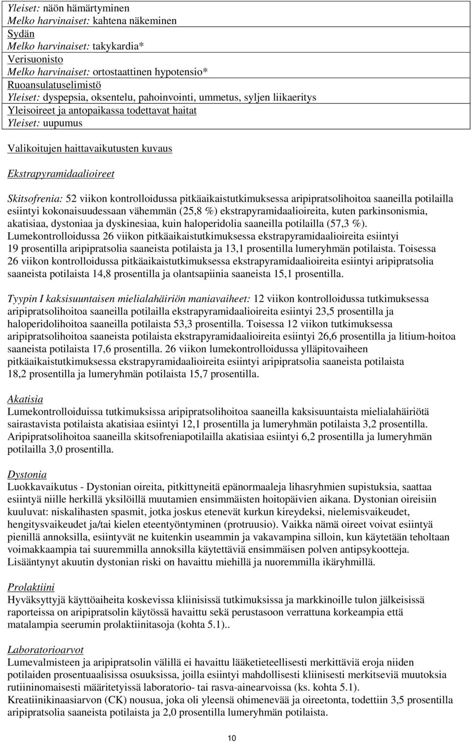 Skitsofrenia: 52 viikon kontrolloidussa pitkäaikaistutkimuksessa aripipratsolihoitoa saaneilla potilailla esiintyi kokonaisuudessaan vähemmän (25,8 %) ekstrapyramidaalioireita, kuten parkinsonismia,