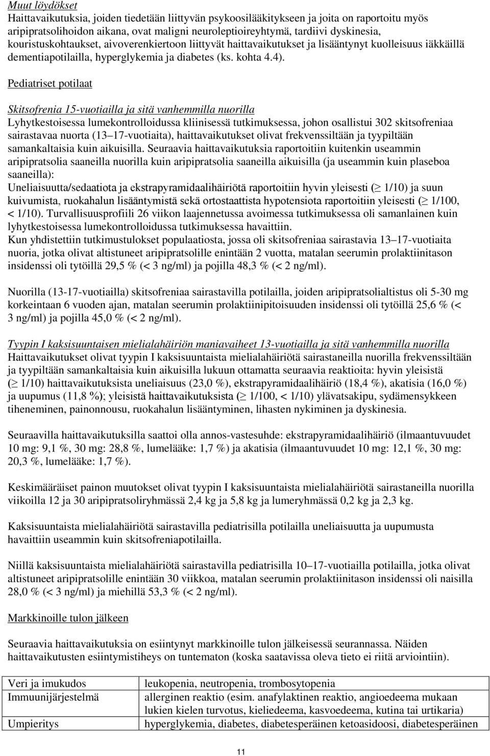 Pediatriset potilaat Skitsofrenia 15-vuotiailla ja sitä vanhemmilla nuorilla Lyhytkestoisessa lumekontrolloidussa kliinisessä tutkimuksessa, johon osallistui 302 skitsofreniaa sairastavaa nuorta (13
