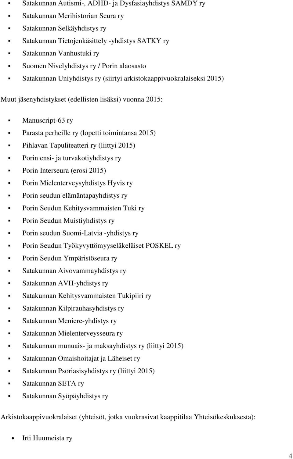 (lopetti toimintansa 2015) Pihlavan Tapuliteatteri ry (liittyi 2015) Porin ensi- ja turvakotiyhdistys ry Porin Interseura (erosi 2015) Porin Mielenterveysyhdistys Hyvis ry Porin seudun