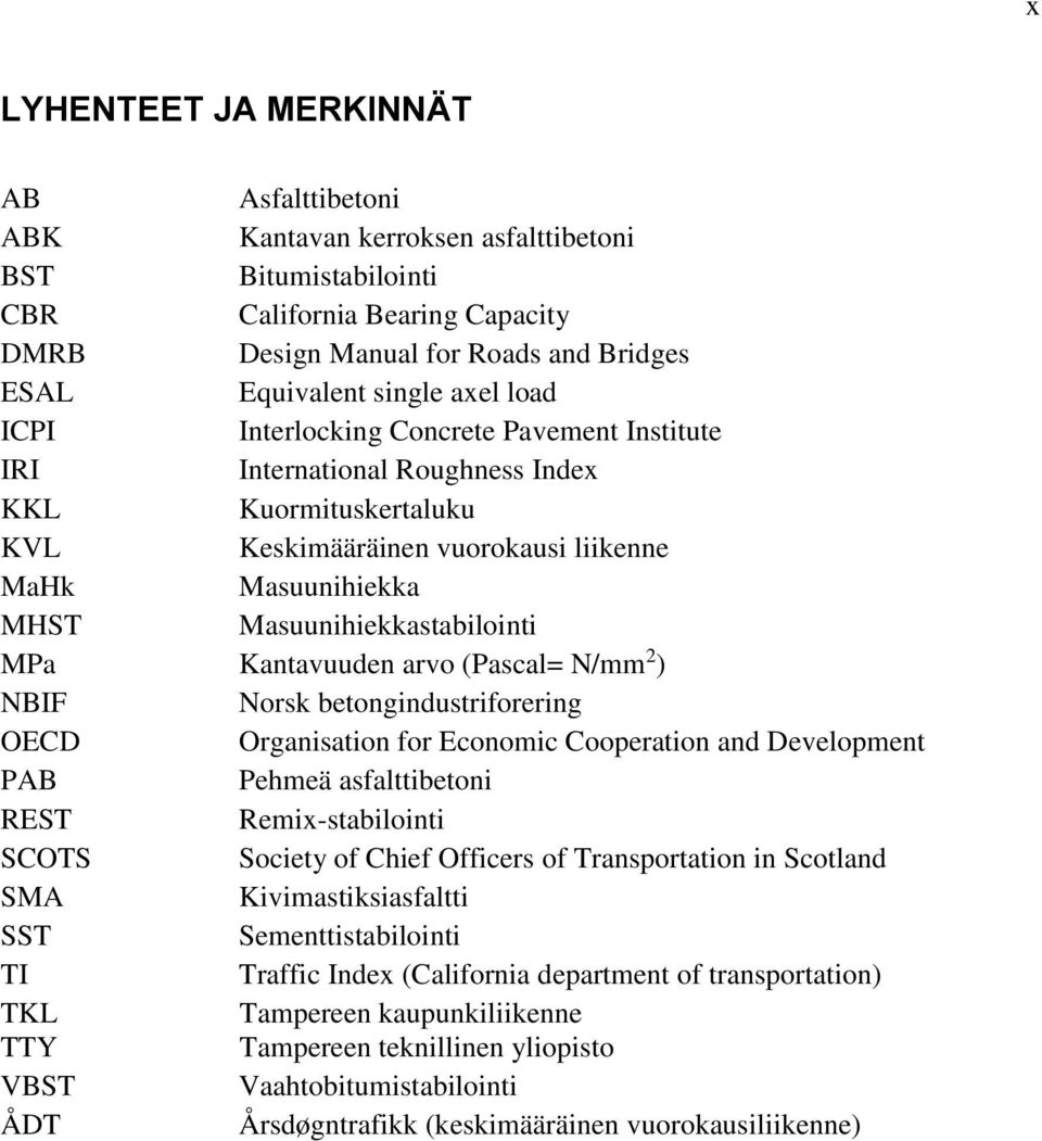 Masuunihiekkastabilointi MPa Kantavuuden arvo (Pascal= N/mm 2 ) NBIF Norsk betongindustriforering OECD Organisation for Economic Cooperation and Development PAB Pehmeä asfalttibetoni REST