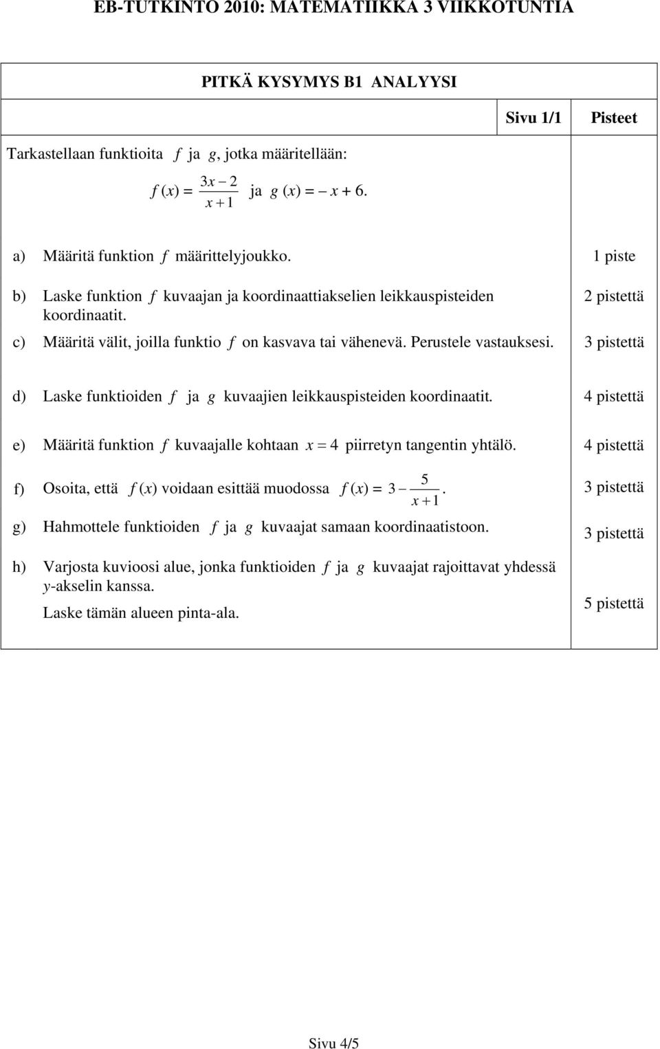 leikkauspisteiden koordinaatit 4 pistettä e) Määritä funktion f kuvaajalle kohtaan x 4 piirretyn tangentin yhtälö 4 pistettä f) Osoita, että f (x) voidaan esittää muodossa f (x) = 5 3 3 pistettä x 1