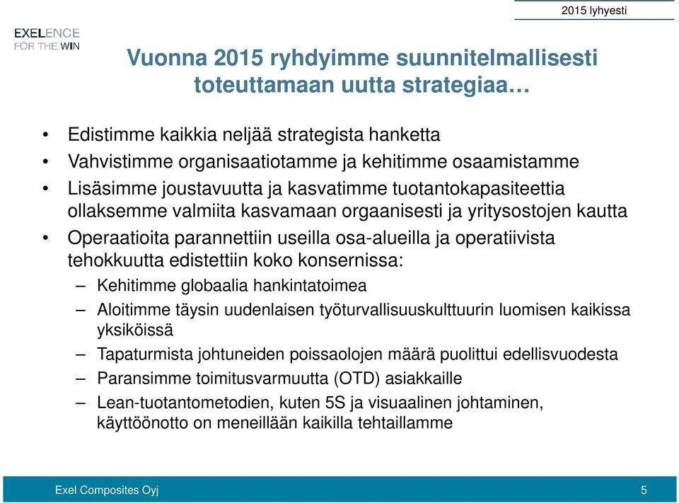 tehokkuutta edistettiin koko konsernissa: Kehitimme globaalia hankintatoimea Aloitimme täysin uudenlaisen työturvallisuuskulttuurin luomisen kaikissa yksiköissä Tapaturmista johtuneiden