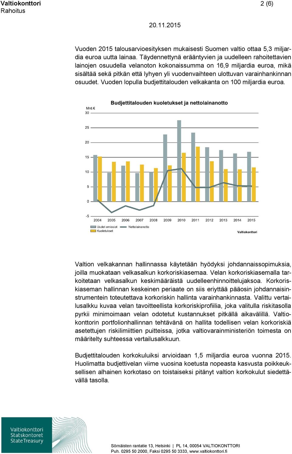 varainhankinnan osuudet. Vuoden lopulla budjettitalouden velkakanta on 100 miljardia euroa.