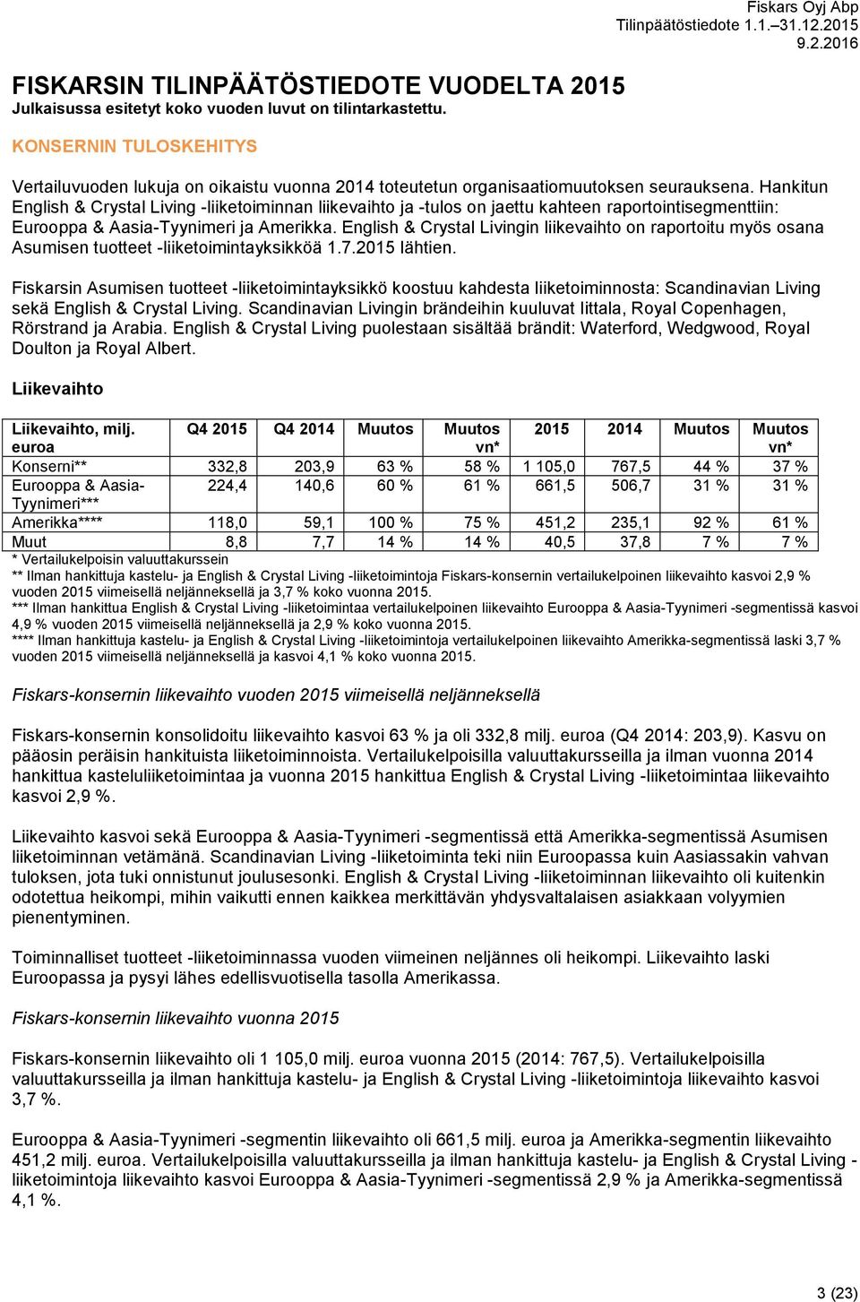 Hankitun English & Crystal Living -liiketoiminnan liikevaihto ja -tulos on jaettu kahteen raportointisegmenttiin: Eurooppa & Aasia-Tyynimeri ja Amerikka.