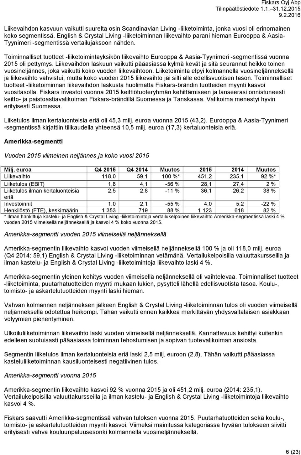 Toiminnalliset tuotteet -liiketoimintayksikön liikevaihto Eurooppa & Aasia-Tyynimeri -segmentissä vuonna 2015 oli pettymys.