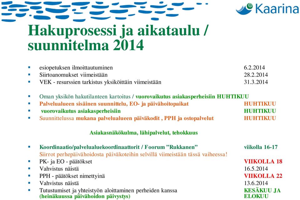 Suunnittelussa mukana palvelualueen päiväkodit, PPH ja ostopalvelut HUHTIKUU Asiakasnäkökulma, lähipalvelut, tehokkuus Koordinaatio/palvelualuekoordinaattorit / Foorum Rukkanen viikolla 16-17 Siirrot