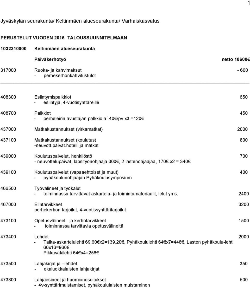Matkakustannukset (virkamatkat) 2000 437100 Matkakustannukset (koulutus) 800 -neuvott.päivät.