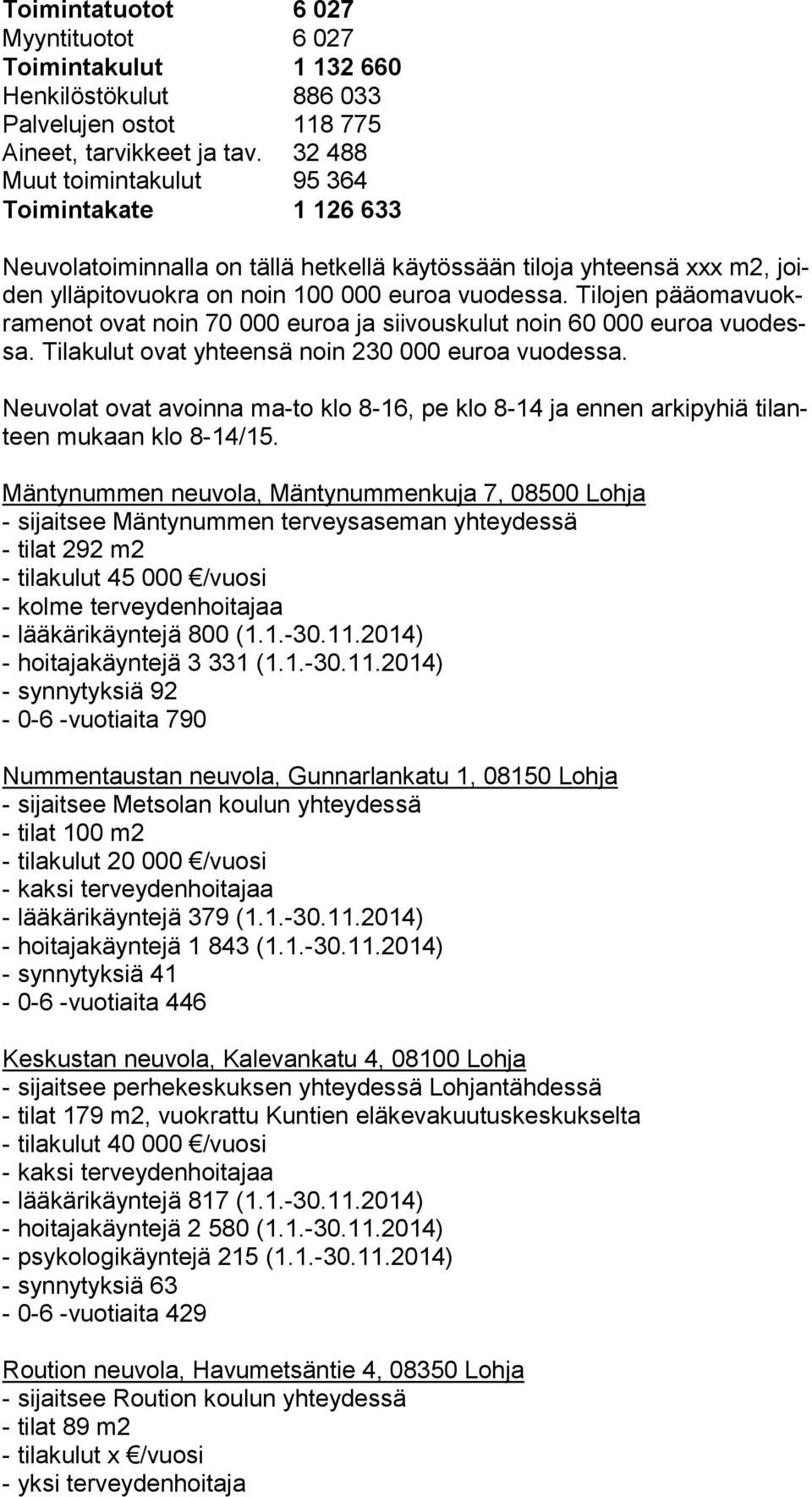 Tilojen pää oma vuokra me not ovat noin 70 000 euroa ja siivouskulut noin 60 000 eu roa vuo dessa. Ti la ku lut ovat yhteensä noin 230 000 euroa vuodessa.