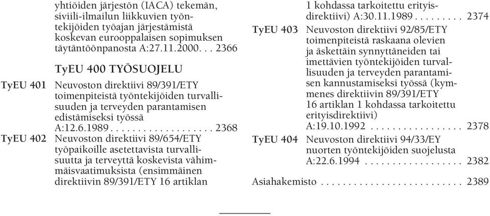 .................. 2368 TyEU 402 Neuvoston direktiivi 89/654/ETY työpaikoille asetettavista turvallisuutta ja terveyttä koskevista vähimmäisvaatimuksista (ensimmäinen direktiivin 89/391/ETY 16