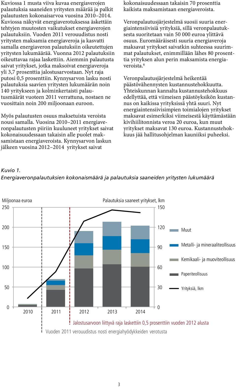 Vuoden 2011 verouudistus nosti yritysten maksamia energiaveroja ja kasvatti samalla energiaveron palautuksiin oikeutettujen yritysten lukumäärää. Vuonna 2012 palautuksiin oikeuttavaa rajaa laskettiin.