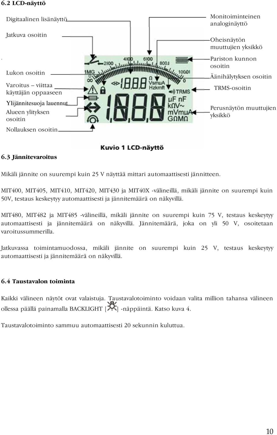 3 Jännitevaroitus Kuvio 1 LCD-näyttö Mikäli jännite on suurempi kuin 25 V näyttää mittari automaattisesti jännitteen.