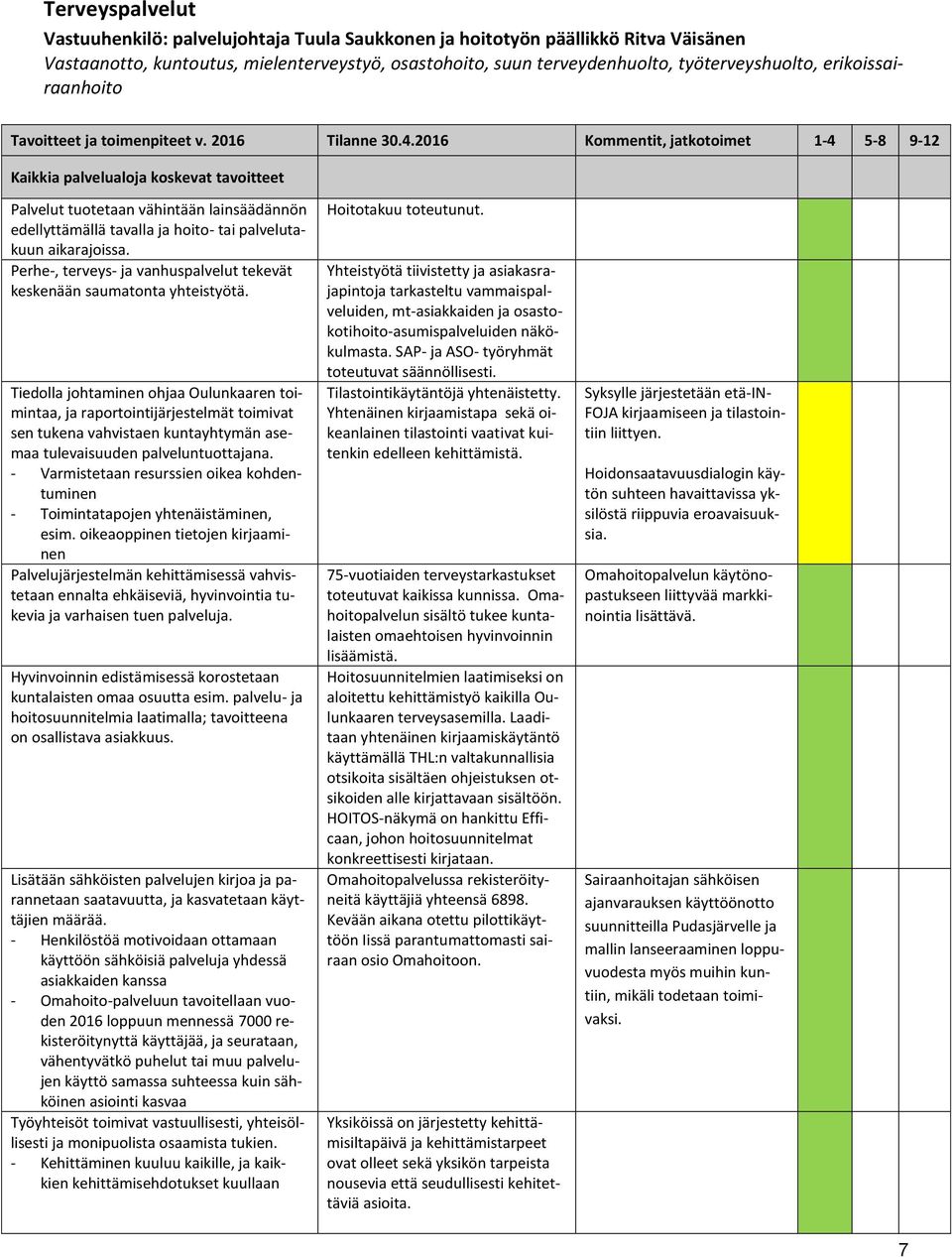 2016 Kommentit, jatkotoimet 1-4 5-8 9-12 Kaikkia palvelualoja koskevat tavoitteet Palvelut tuotetaan vähintään lainsäädännön edellyttämällä tavalla ja hoito- tai palvelutakuun aikarajoissa.