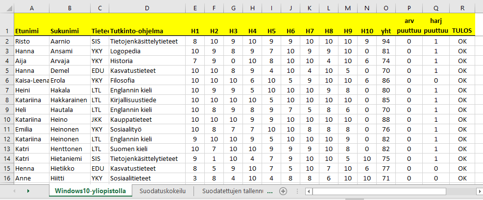 2. Harjoituspisteiden yhteenlasku. Tee seuraavaksi N ja O sarakkeiden väliin uusi sarake Vihje2 ja laske uuteen O-sarakkeeseen harjoituksien yhteispisteet. Vihje3 3. Ehdollinen muotoilu.