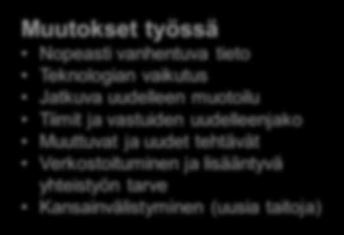 Muutokset kilpailukyvyssä/markkinoissa Kansainvälistyminen, EU Ympäristöasiat Lisääntyvä kilpailu Uudet menestystekijät Osaamiseen perustuva kilpailu Teknisen osaamisen merkitys kasvaa