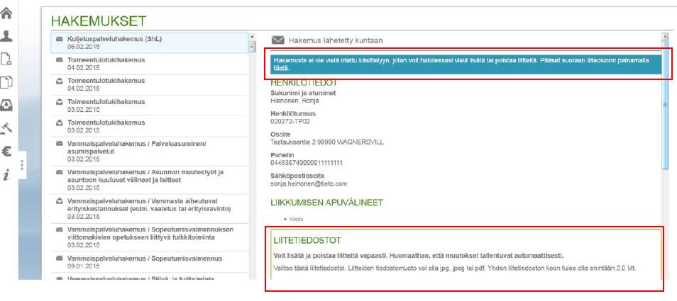 Hakemuksen täydentäminen Jos hakemusta ei ole vielä otettu käsittelyyn, voidaan liitteitä lisätä hakemukselle Lähetetyn hakemuksen