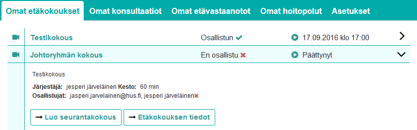 Perustetusta etäkokouksesta lähetetään sähköpostiheräte kaikille kokouksen osapuolille. Heräte sisältää mm.