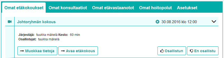 6. ETÄKOKOUKSEEN LIITTYMINEN AMMATTILAISTEN OSIOSTA (ENSISIJAINEN TAPA) Etäkokoukseen liitytään avaamalla etäkokous. Etäkokous avataan klikkaamalla Avaa etäkokous -painiketta.