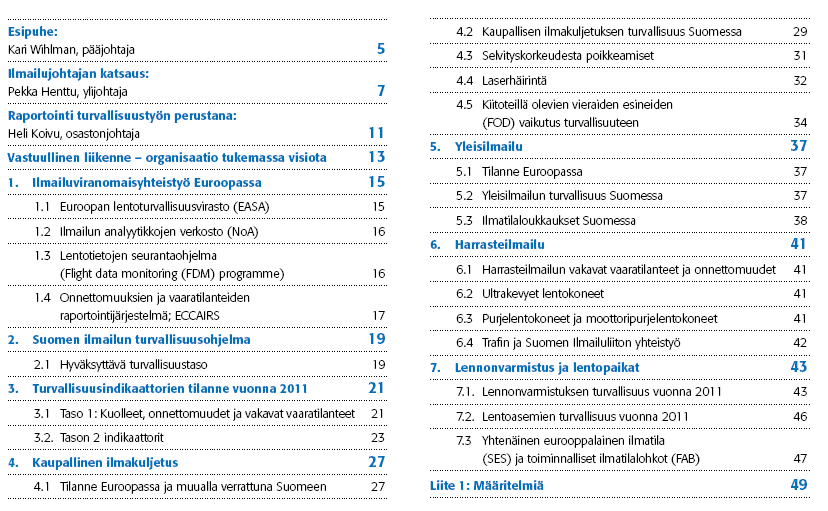 Suomen ilmailun turvallisuuden vuosikatsaus - sisältö (julkaisu suomeksi ja englanniksi,