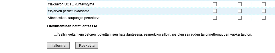 6/6 Palvelunantajakohtainen kielto Kielto tehdään laittamalla valintamerkki kiellon kohteena olevan palvelunantajan esim. Itä-Savon shp kohdalle ruutuun.