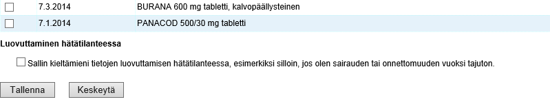 8/6 Valitaan resepti, jonka näyttäminen halutaan kieltää laittamalla ruksi sen edessä olevaan ruutuun Tärkeää olisi laittaa valintamerkki myös ruutuun, jossa sallitaan