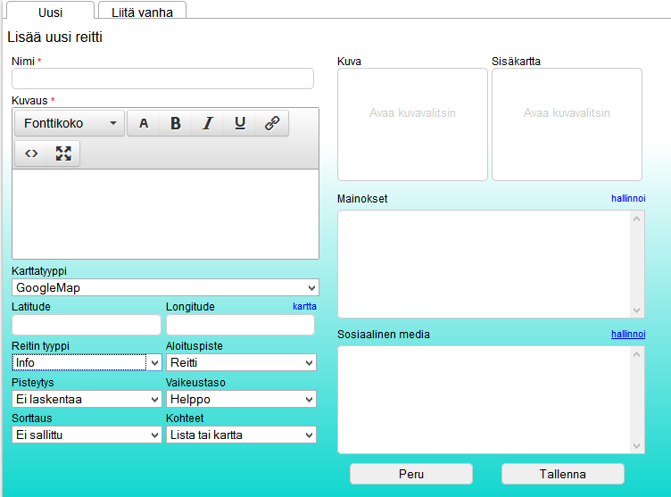 Reitin luonti 2 MEDIAOPAS REITTI KOHDE Reitti -editori: Reitin nimi Reitin kuvaus Reitin kuva Uusia kuvia voidaan lisätä tiputtamalla tiedostoja