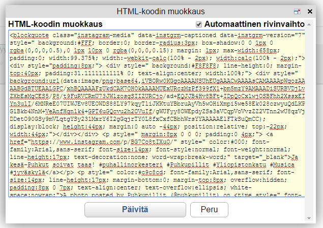 7. Liitä instagramista kpiimasi HTML-kdi avautuvaan näkymään ja paina päivitä. 8. Kuvan pitäisi näkyä sivulla.