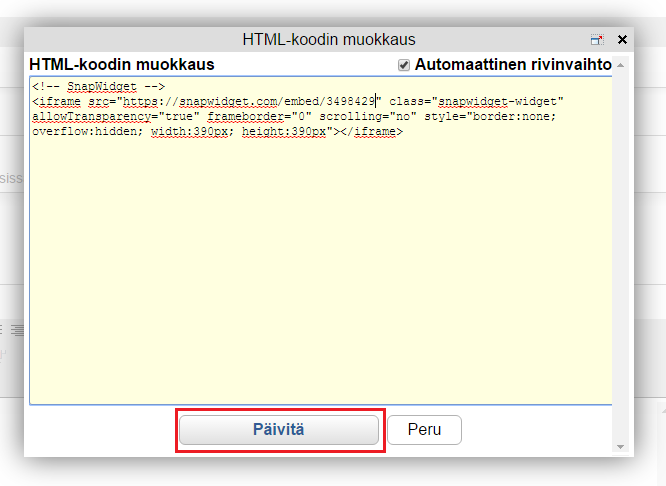 7. Tallenna uptuskdisi plnen sivuun tekstieditrin HTML-valinnan kautta (kts. kuvat alla).