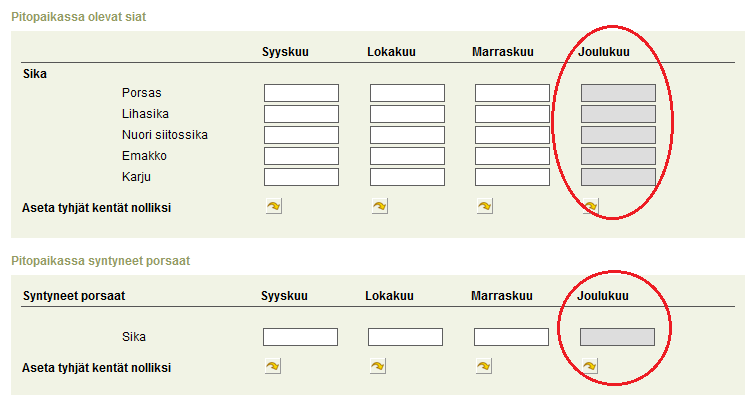 KÄYTTÄJÄN OHJE 15 (21) Kaikissa taulukon sarakkeissa täytyy olla numero, jos kyseisiä eläimiä ei ajanjaksolla ole asetetaan tyhjät kentät nolliksi painamalla alla näkyvää nuolta.