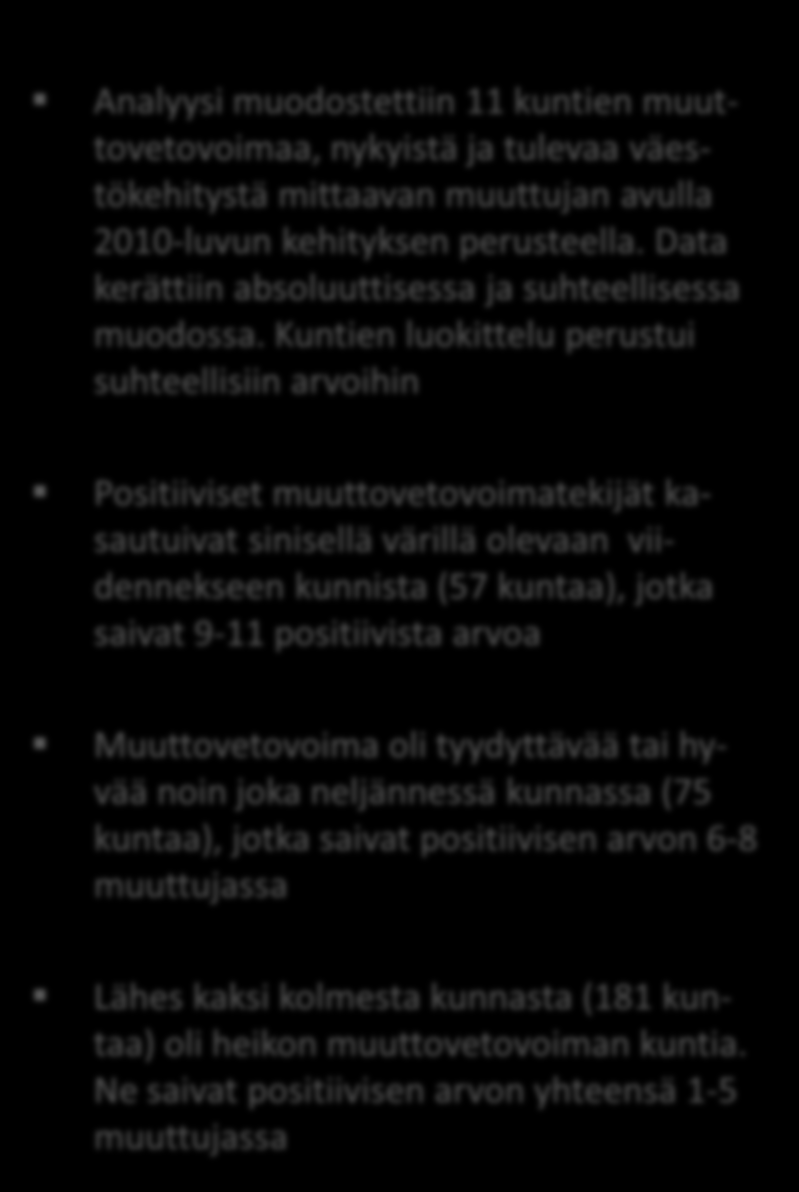 Kuntien luokittelu perustui suhteellisiin arvoihin Positiiviset muuttovetovoimatekijät kasautuivat sinisellä värillä olevaan viidennekseen kunnista (57 kuntaa), jotka saivat 9-11 positiivista arvoa