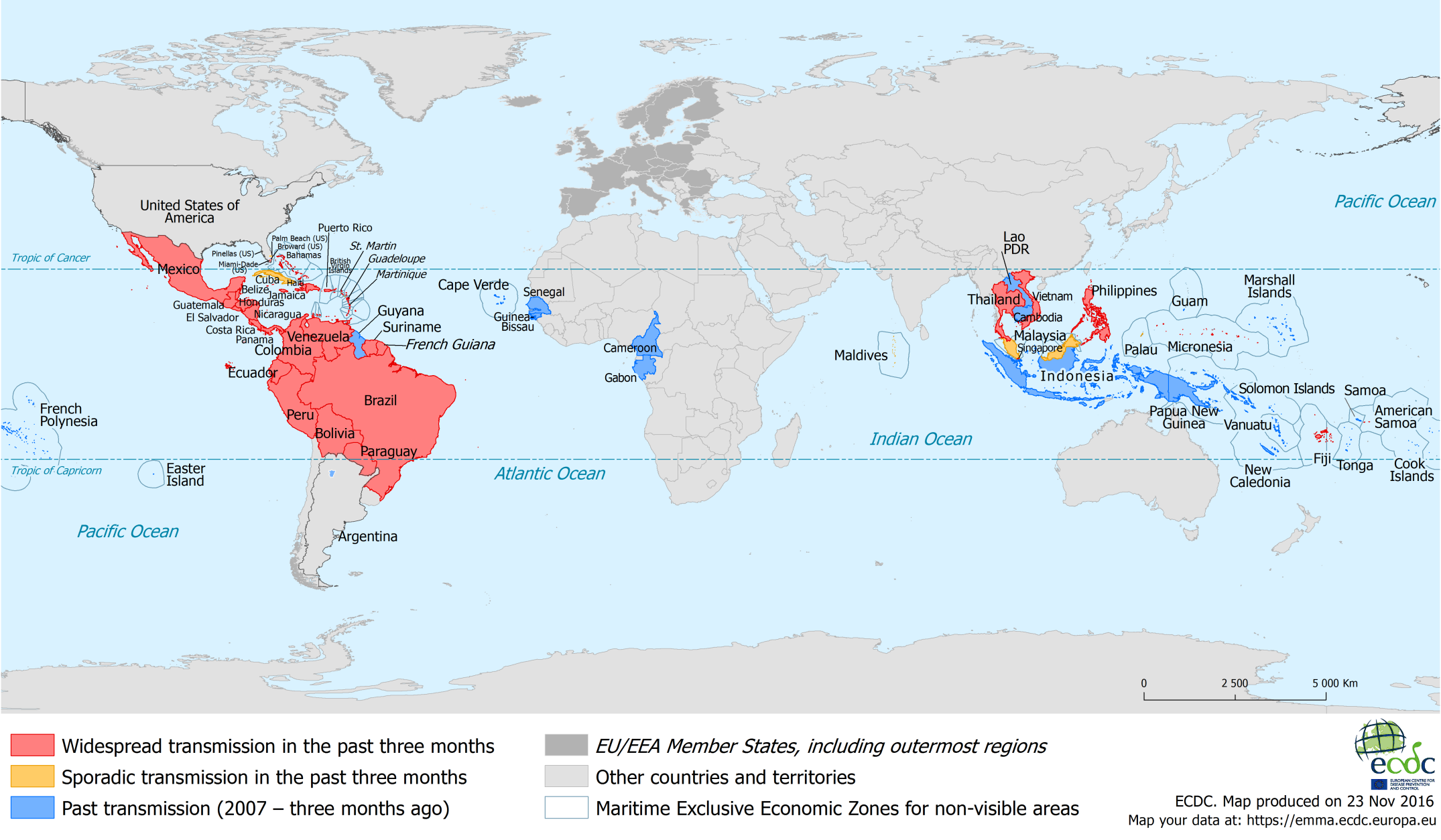 Countries and territories with reported confirmed autochthonous