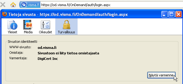 2. Valitse lukonkuva hiirenoikealla napilla ja avautuvasta valikosta: View certificates / Näytä