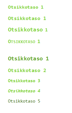 Raportti 6 (8) 4. Johdonmukaisuus, esimerkkinä otsikot Kuva 6: Otsikot yllä ovat epäjohdomukaiset ja alla johdonmukaiset 4.1.