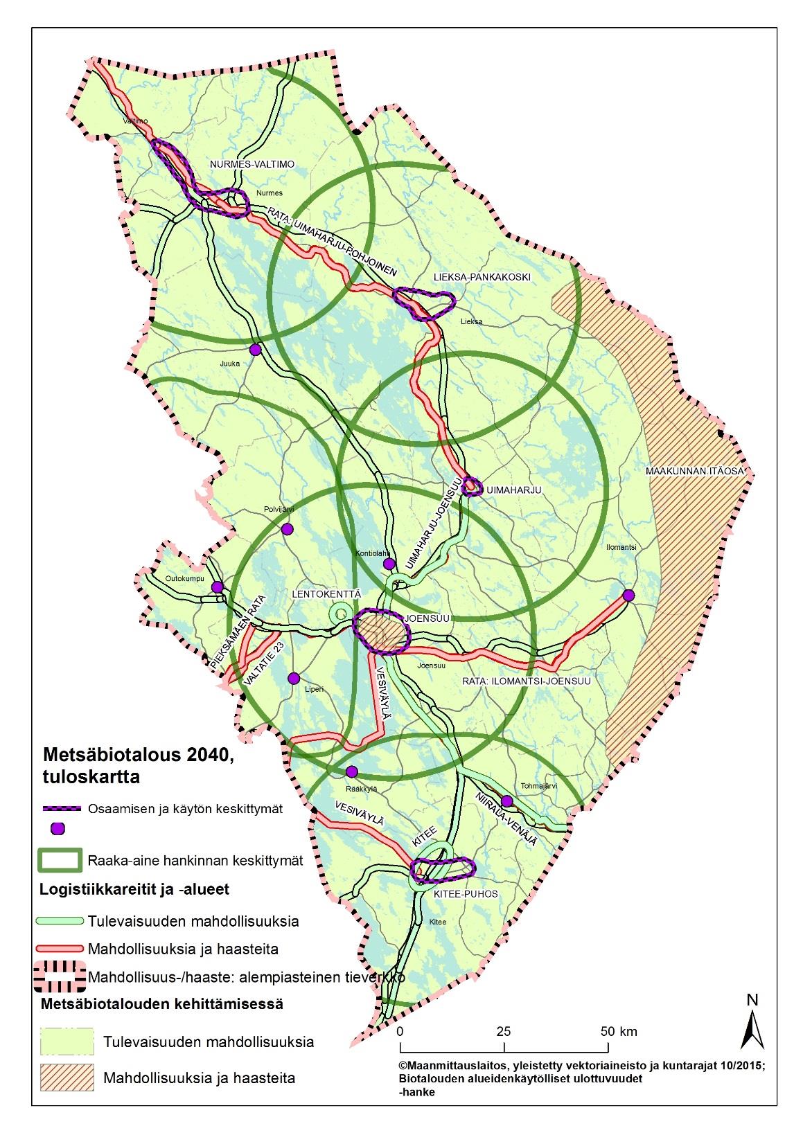 Tuloskartta: Metsäbiotalous 2040 Pohjois-Karjalan metsäbiotalous 2040 Metsäbiotalouden kannalta mahdollisuuksien maakunta Suurempia metsäbiotalouden osaamisen ja tuotannon keskittymiä on 5 kpl,