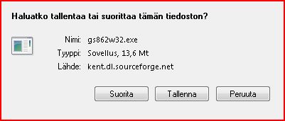 Vieritä sivua alaspäin ja klikkaa kohdetta gs8.63w32.exe Jos selainikkunan yläreunaan ilmestyy vaaleankeltainen palkki, klikkaa Saat lisätietoja tästä.