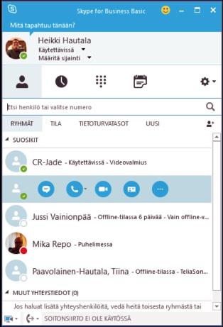 Skype for Business käyttö Soneran visuaalisessa palvelussa Soita Näytönjako Jaa oma työpöytä tai sovellus Näppäile virtuaalihuoneen osoite esim: organisaatio.virtuaali@kokous.sonera.