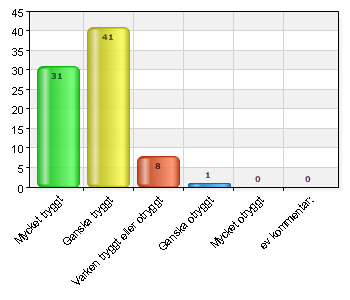 2. Har du stöd och/eller hjälpa av kommunen? 2. Saatko tukea ja/tai apua kunnan kautta? Ja/Kyllä 16 19,5 Nej/En 66 80,5 Total 82 100 98,8% (82/83) 3. Hur tryggt känns det för dig att bo hemma? 3. Miten turvalliselta sinusta tuntuu asua kotona?