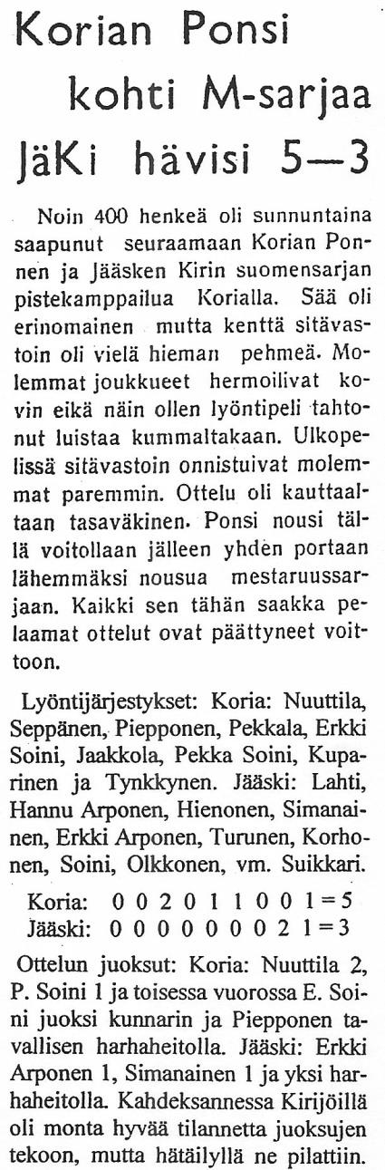 Korian Ponsi Elimäki Ponsi Perustettu 1949 Suomensarja Suomensarja Korian Ponsi Ponsi toimi vuosina 1906-1949 Vilppulan Nuorisoseuran urheilujaostona. Pesäpallo käynnistyi seurassa 1946.