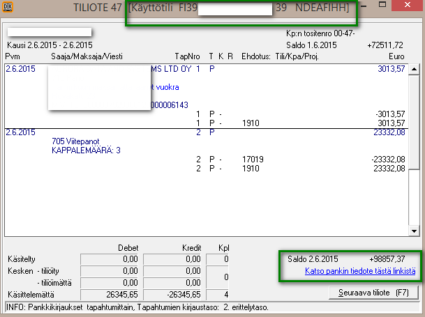 TITO TILIÖI TILIOTE Otsikossa IBAN ja BIC (ennen IBAN) Lisätty pvm ja loppusaldo sekä linkki pankin